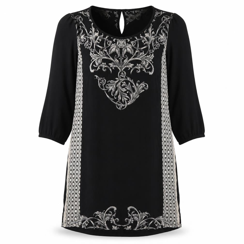 Front view of Next women’s black geometric viscose a-line, size UK 10, crew neck pullover - mesh sleeves