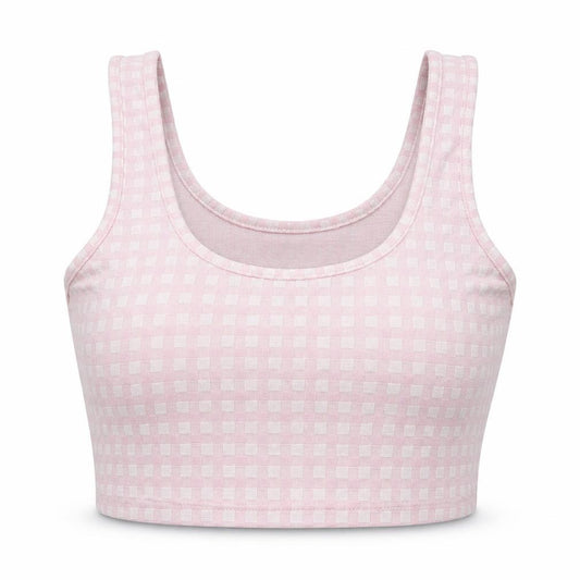 Front view of Primark women’s pink check polyester cropped tank, size XS, scoop neck