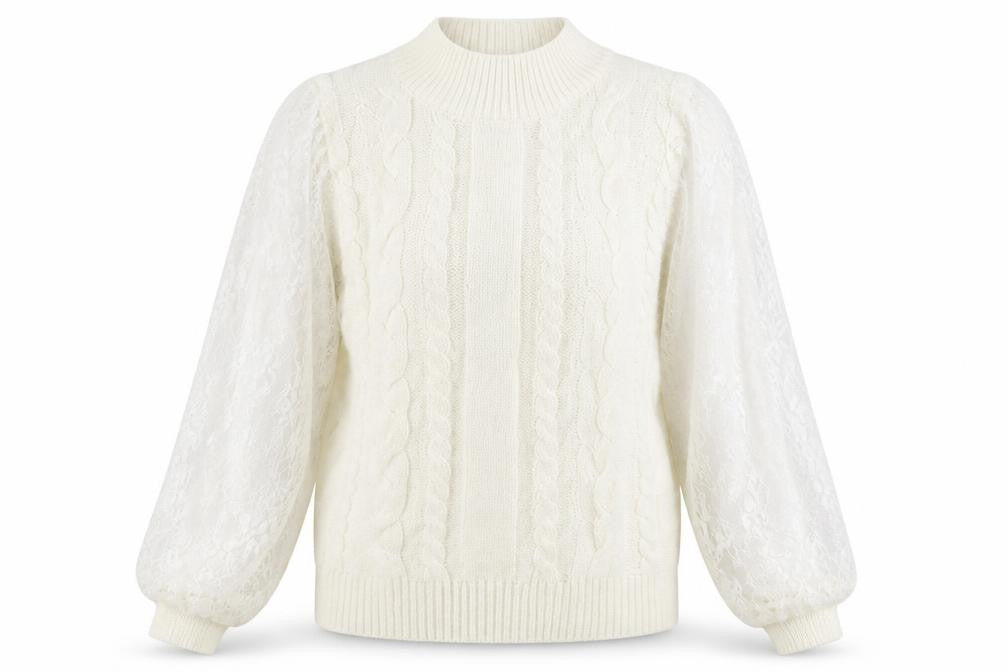 Front view of women’s white argyle/diamond acrylic pullover sweatshirt, size XL, pullover - mesh floral sleeves