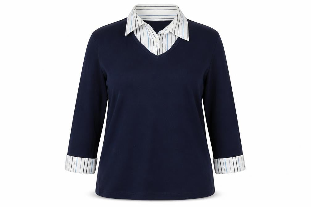 Front view of c collection women’s blue striped cotton pullover sweatshirt, size UK 14, pullover