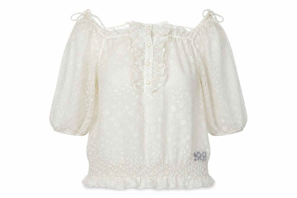 Front view of QED London women’s white polka dot polyester basic blouse, size M, off the shoulder