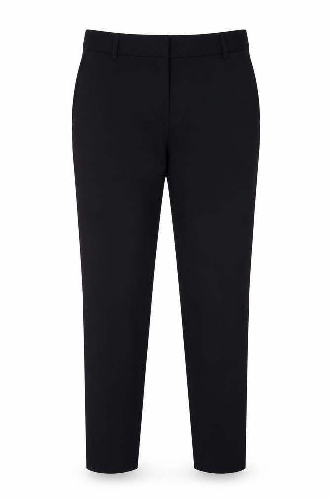 Front view of Next women’s blue polyester trousers, size UK 10, 28-inch leg regular hook & eye