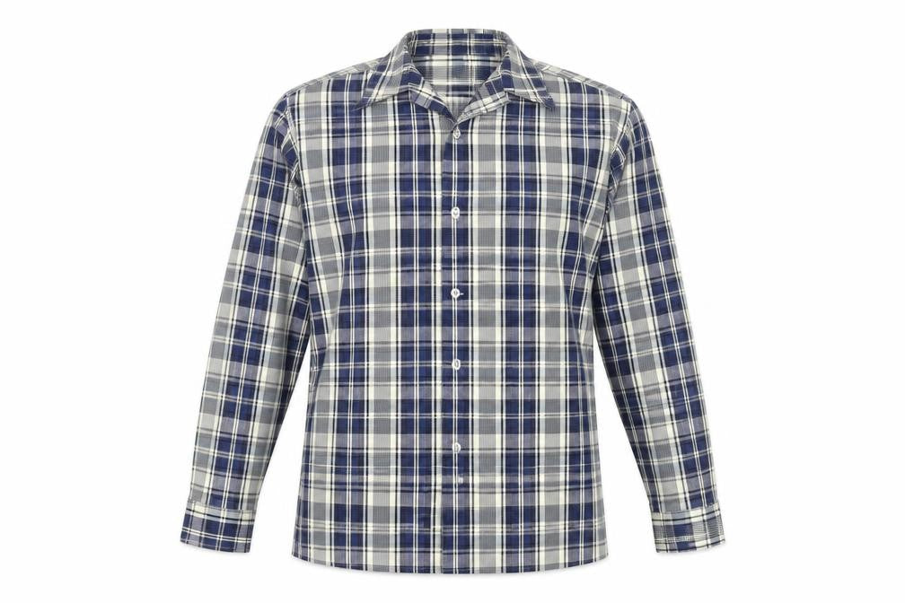 Front view of Island Republic men’s blue check polyester button-up, size M, collared button