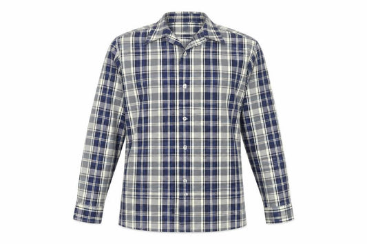 Front view of Island Republic men’s blue check polyester button-up, size M, collared button