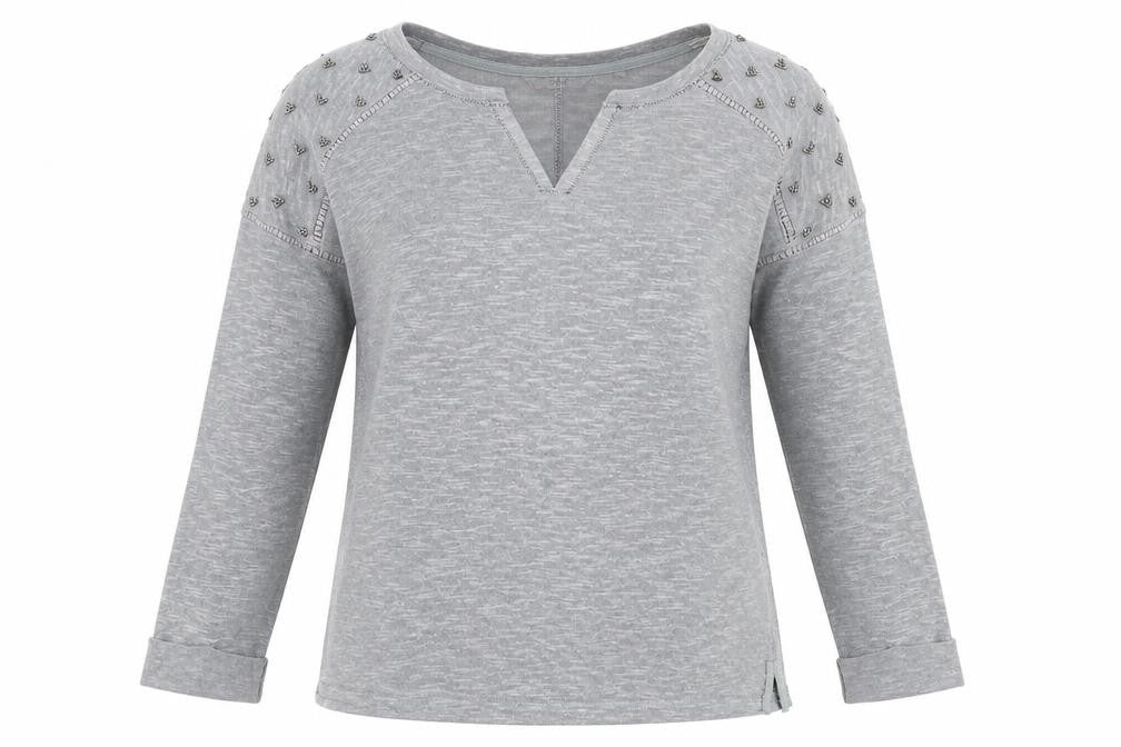 Front view of Next women’s grey v-neck polyester jumper, size UK 12