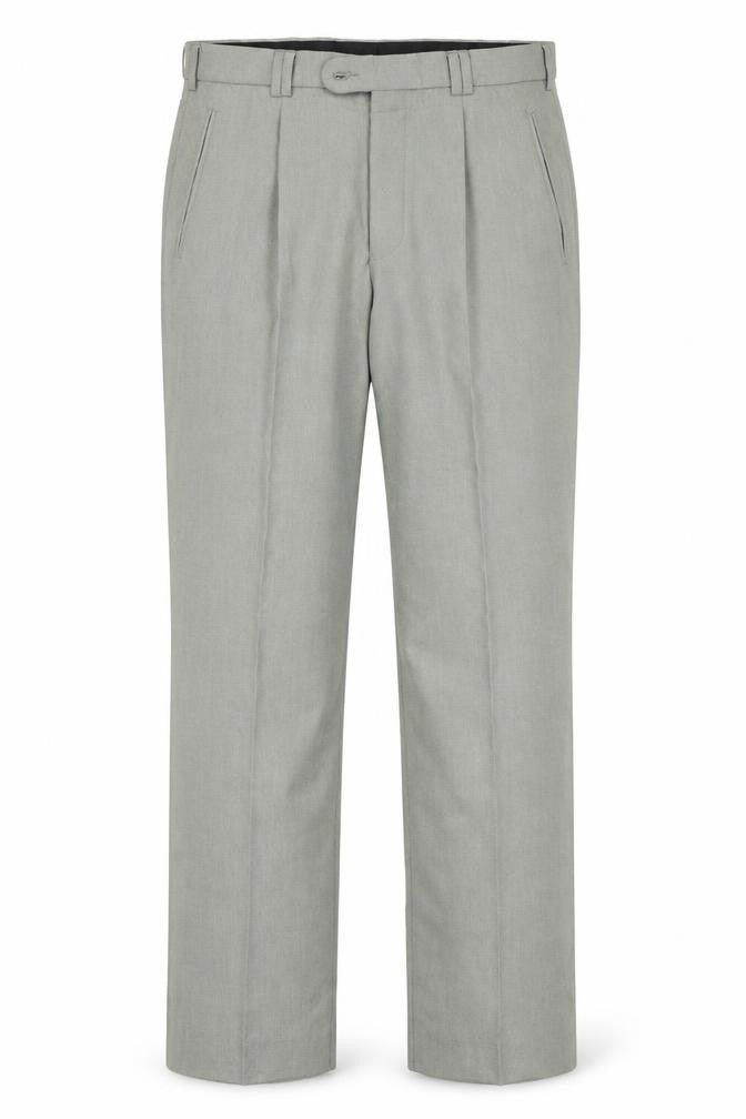 Front view of Melka men’s green polyester trousers, size 36, 30-inch leg regular