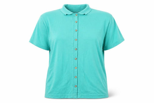 Front view of HONEY women’s green polyester basic button-up, size M, collared