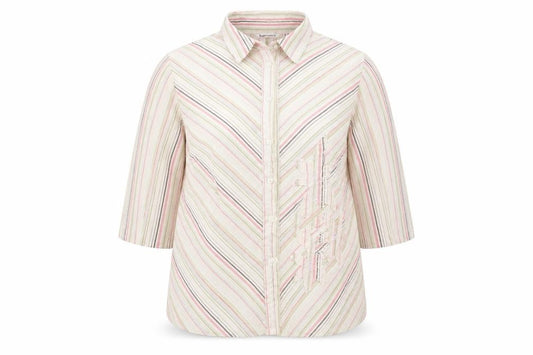 Front view of Bonmarché women’s multicoloured striped 100% cotton basic button-up, size UK 14, collared