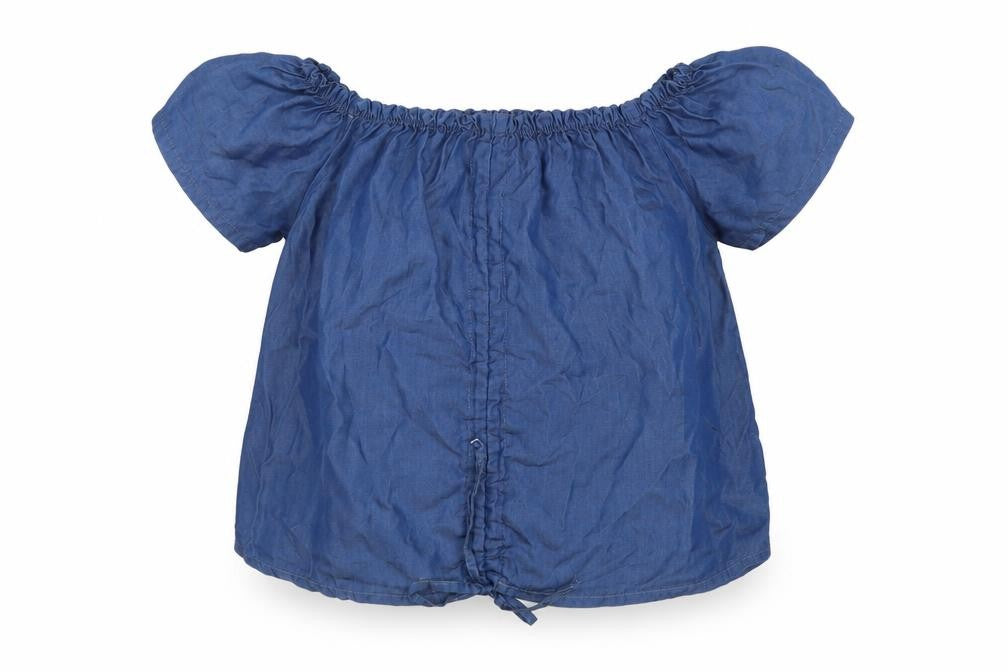 Front view of Preworn women’s blue lyocell basic blouse, size M, off the shoulder