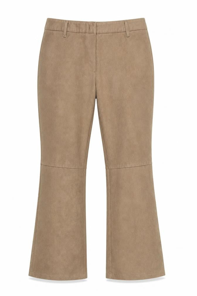 Front view of Marks & Spencer women’s beige polyester trousers, size UK 16, 30-inch leg regular hook & loop