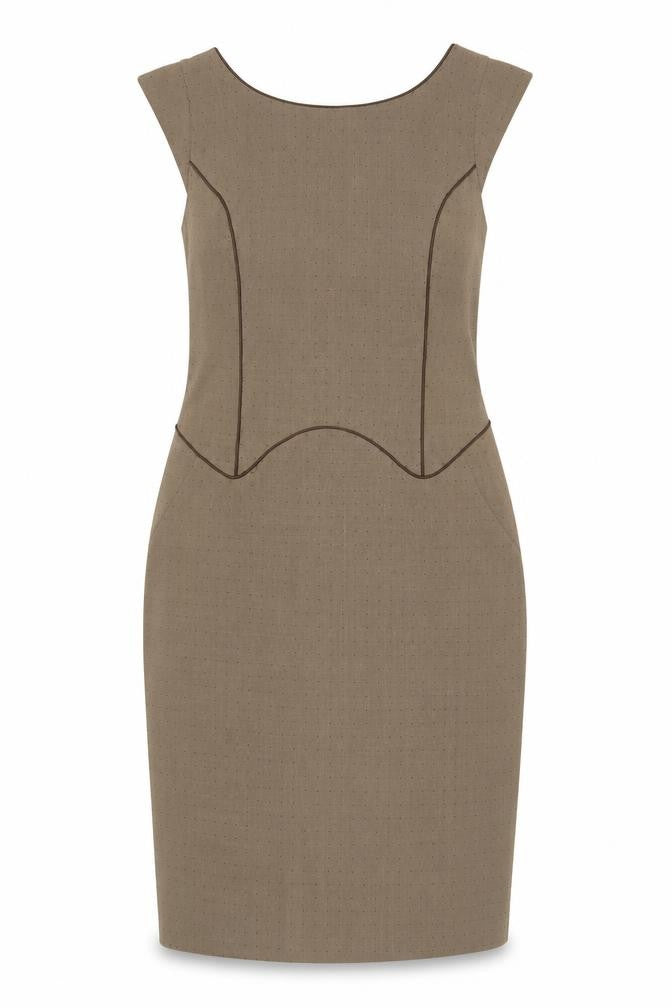 Front view of Next women’s beige polka dot polyester pencil dress, size UK 10, round neck zip