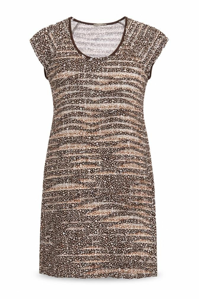 Front view of Matalan women’s brown animal print polyester a-line, size UK 16, round neck