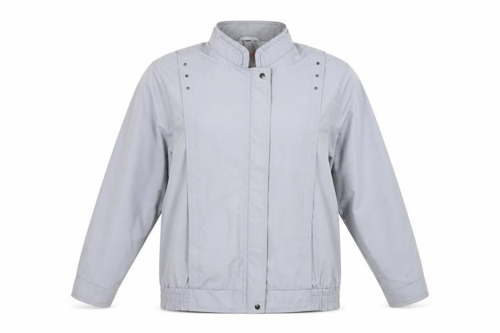 Front view of Preworn women’s grey jacket, size UK 14, zip