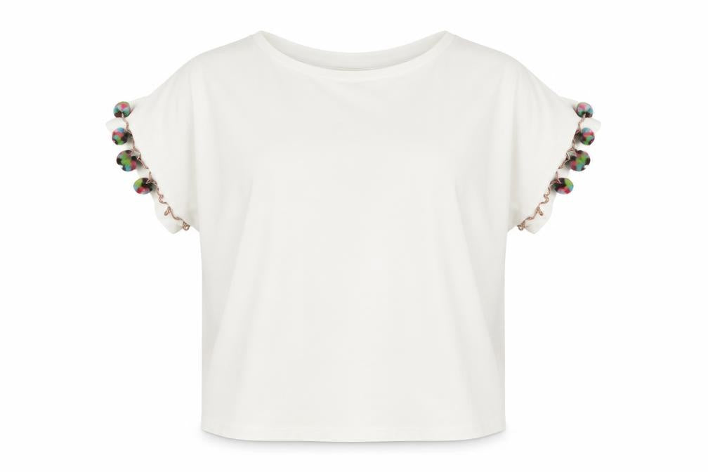 Front view of Jane and Delancey women’s white viscose basic blouse, size L, crew neck