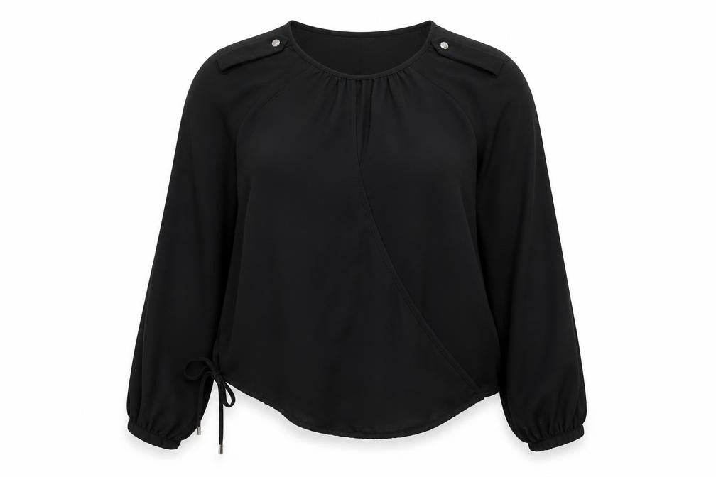 Front view of Julien Macdonald women’s black polyester basic blouse, size UK 14, round neck