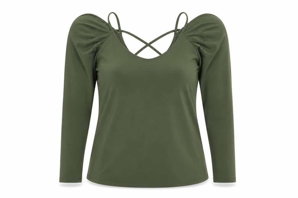 Front view of Miss Selfridge women’s green polyester basic t-shirt, size UK 6, round neck
