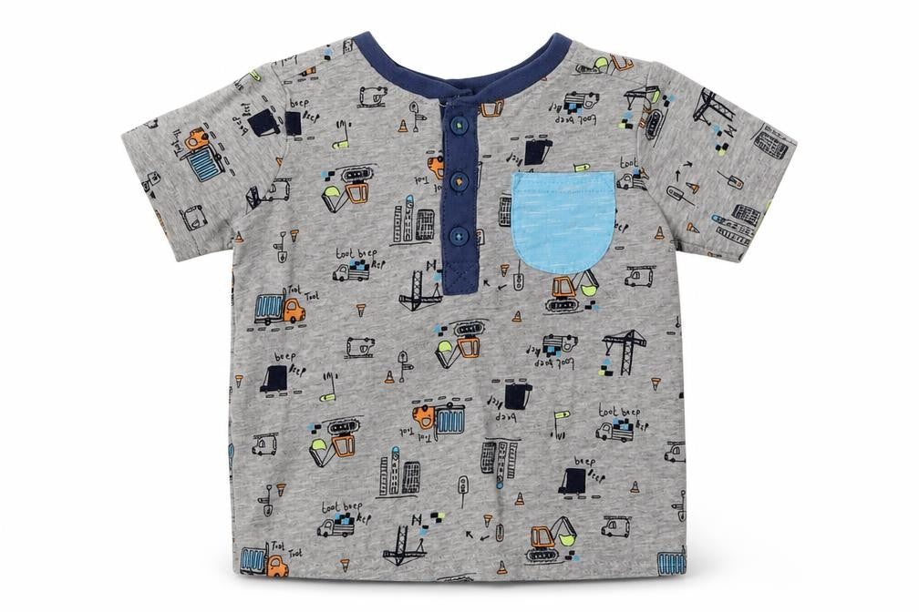 Front view of George boys’ grey geometric cotton basic t-shirt, size 6-9, months crew neck button - lorry print