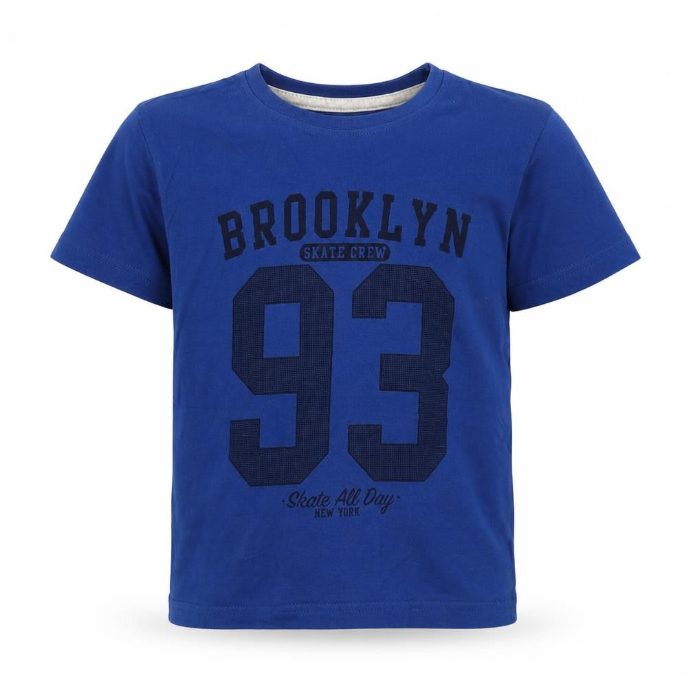 Front view of Primark boys’ blue cotton basic t-shirt, size 3-4, years crew neck pullover - brooklyn new york