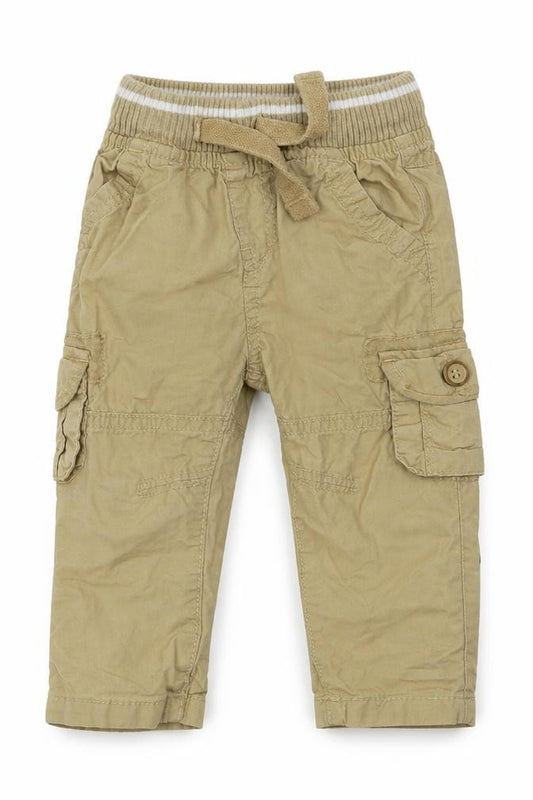 Front view of Mothercare boys’ beige cotton cargo trousers, size 3-6, months tie