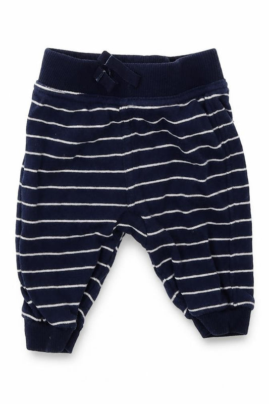 Front view of George boys’ blue striped cotton sweatpants, size 0-3, months tie