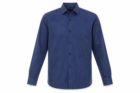 Front view of Debenhams men’s blue striped polyester button-up, size 15, collared button