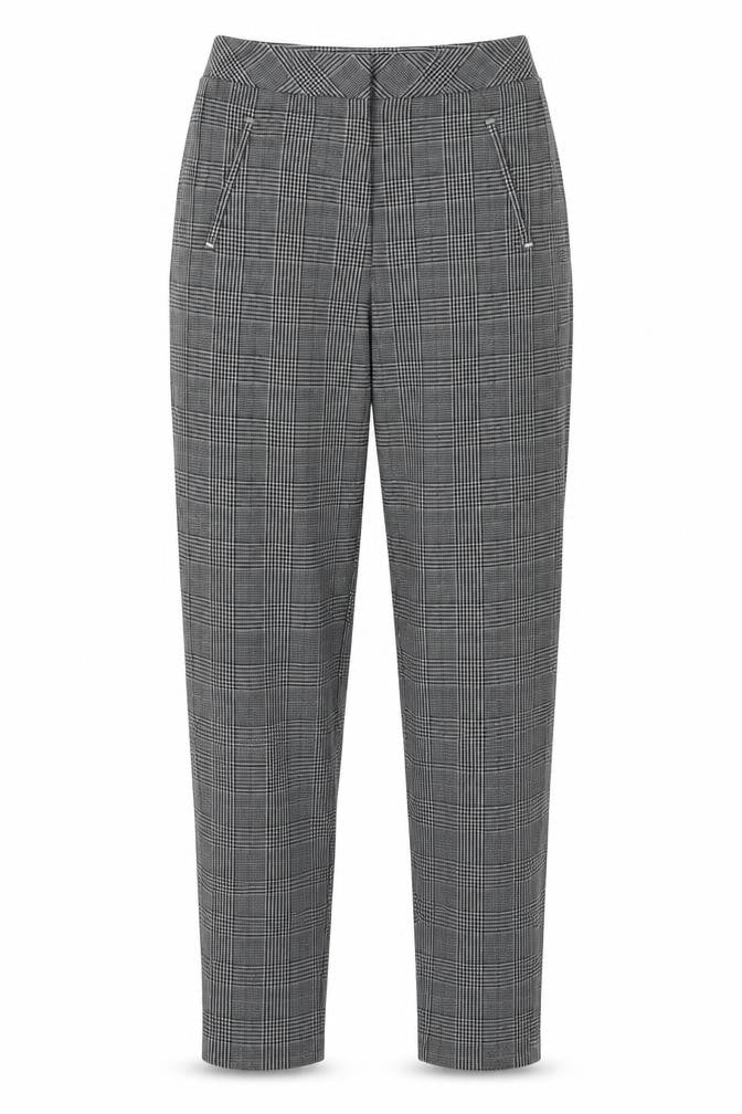 Front view of F&F women’s grey check polyester trousers, size UK 6, 28-inch leg regular hook & eye
