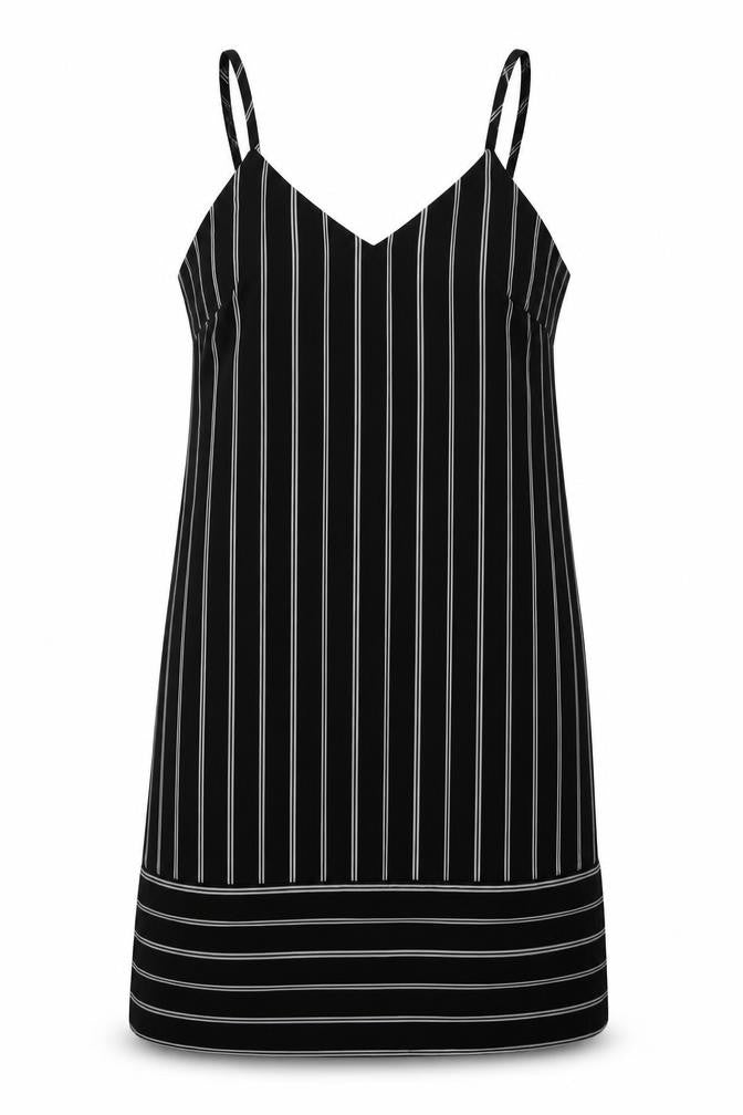 Front view of Forever 21 women’s black striped polyester a-line, size S, v-neck pullover