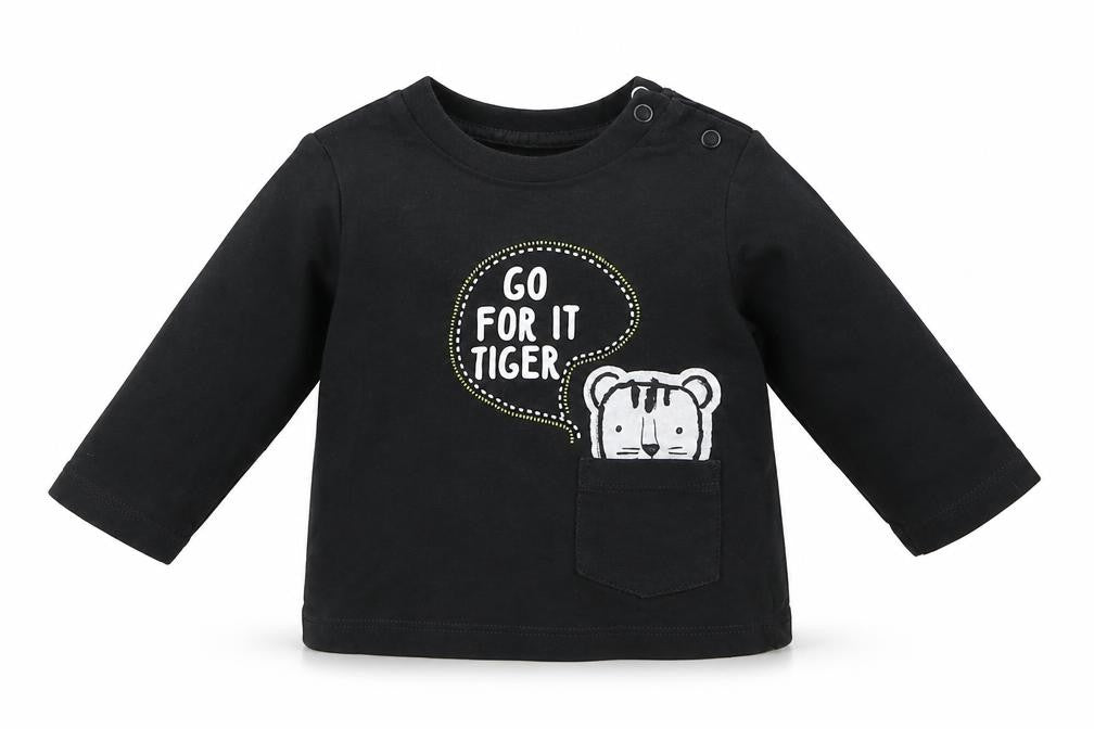 Front view of F&F boys’ grey cotton basic casual, size 0-3, months crew neck pullover - go for it tiger