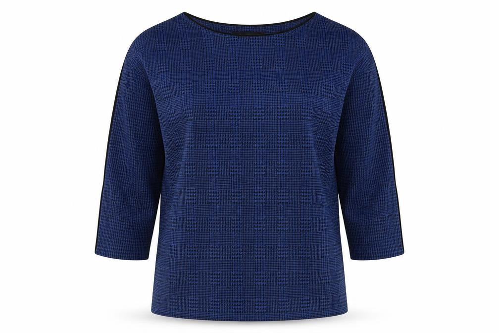 Front view of Marks & Spencer women’s blue check polyester pullover sweatshirt, size UK 12, pullover