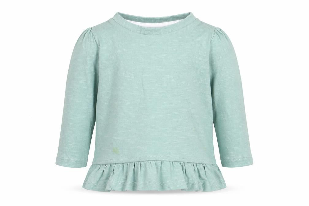 Front view of Primark girls’ blue cotton basic t-shirt, size 3-6, months round neck