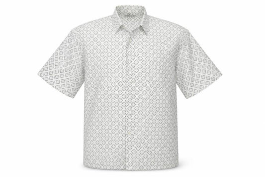 Front view of Petroleum men’s white geometric cotton button-up, size L, collared