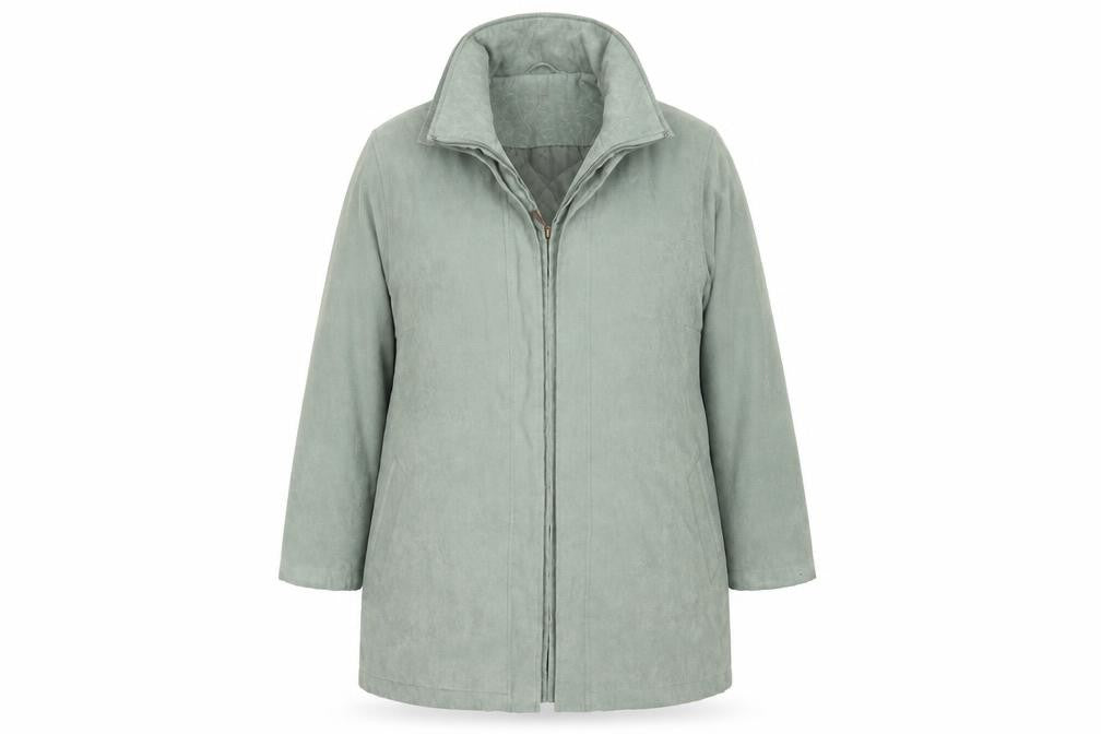 Front view of EWM women’s green overcoat coat, size UK 18