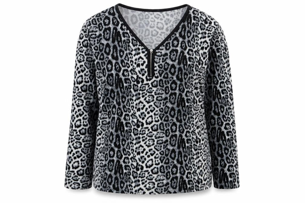 Front view of Paramour women’s grey v-neck animal print polyester jumper, size M