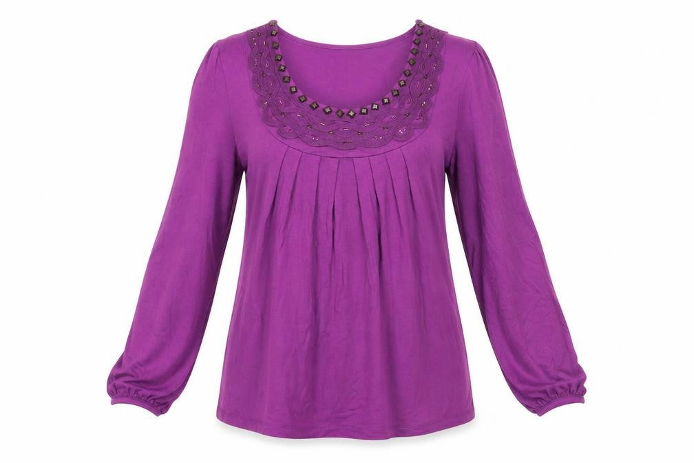 Front view of Daxon women’s purple viscose basic blouse, size UK 42, round neck