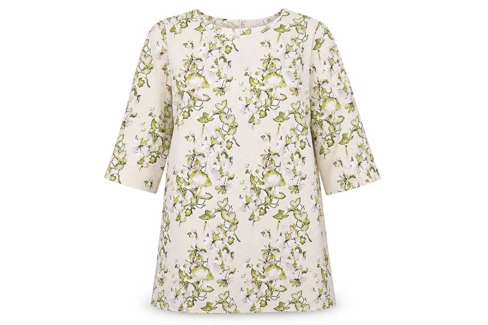 Front view of VILA women’s ivory floral polyester tunic blouse, size M, round neck