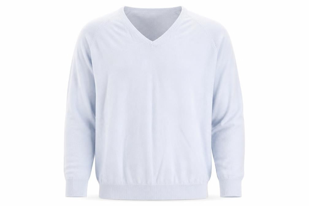 Front view of Urban Vintage men’s blue v-neck cotton jumper, size XL