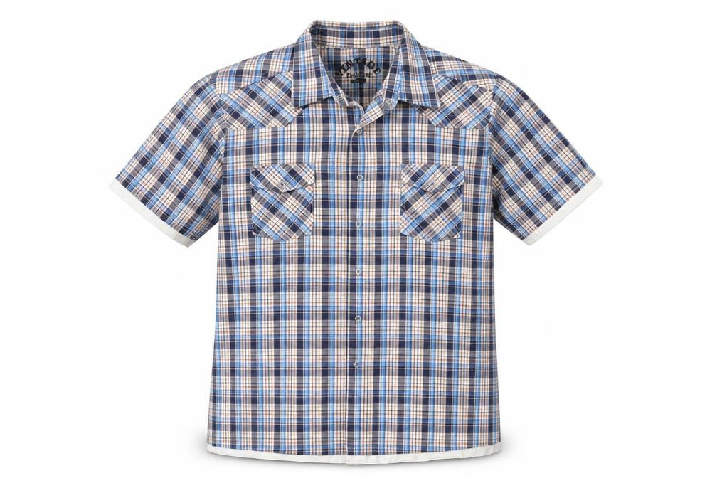 Front view of Vintage men’s blue check cotton button-up, size L, collared button