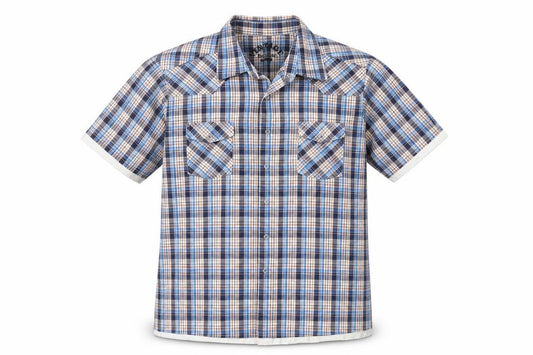 Front view of Vintage men’s blue check cotton button-up, size L, collared button
