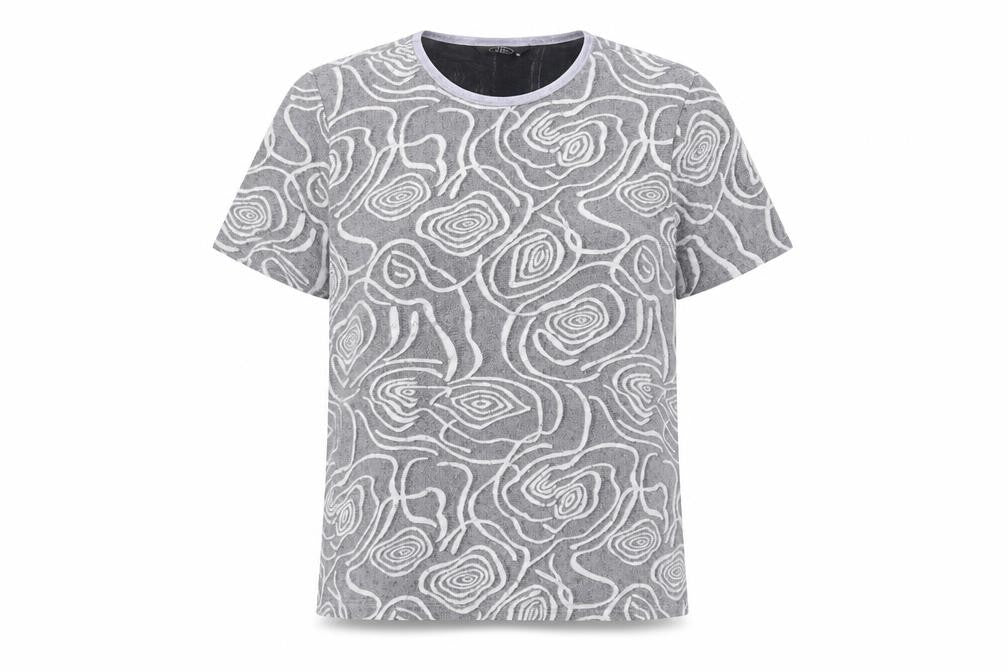 Front view of Bonmarché women’s grey geometric nylon basic t-shirt, size UK 14, round neck