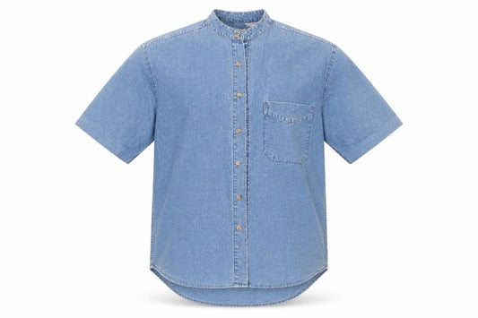 Front view of The Trader Jeans Company men’s blue cotton button-up, size S, round neck button