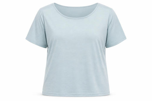 Front view of XT women’s green striped polyester basic t-shirt, size UK 14, round neck