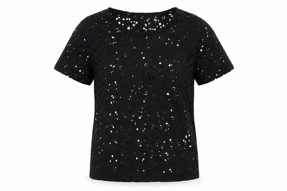Front view of New Look women’s black floral polyamide basic blouse, size UK 10, round neck
