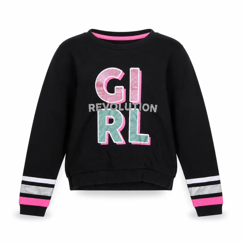 Front view of Pep&Co girls’ black cotton pullover sweatshirt, size 10-11, years