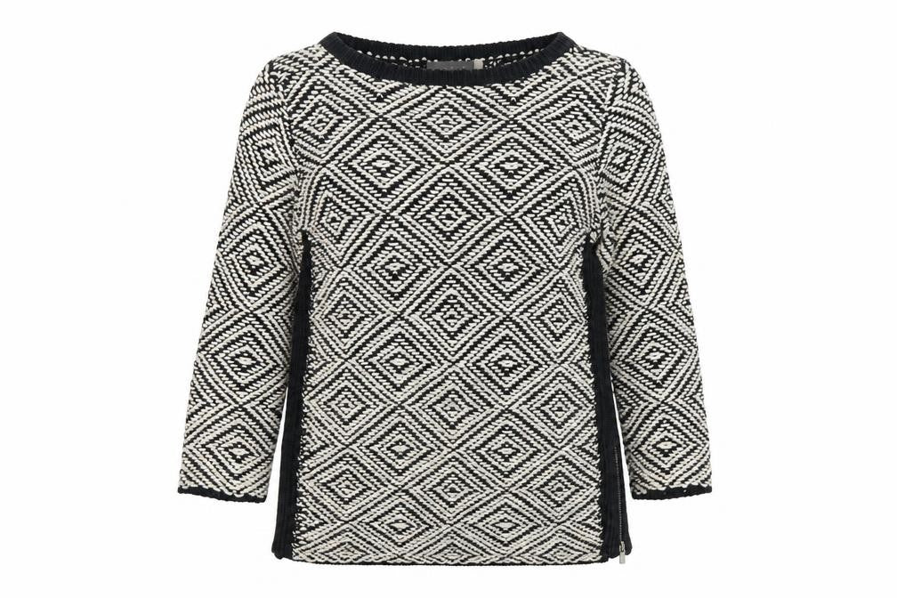 Front view of Mint Velvet women’s multicoloured round neck argyle/diamond cotton jumper, size UK 10