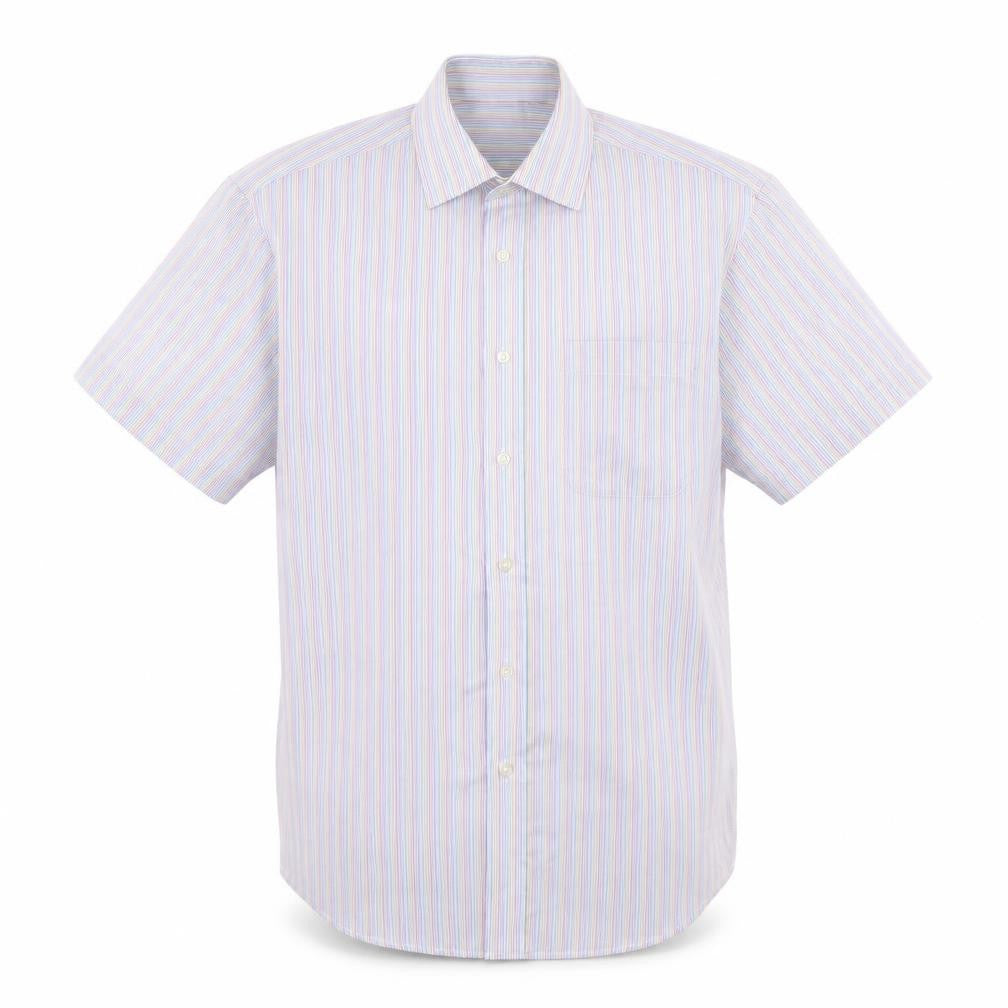 Front view of Marks & Spencer men’s multicoloured striped cotton button-up, size 16, collared button