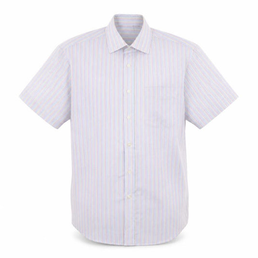 Front view of Marks & Spencer men’s multicoloured striped cotton button-up, size 16, collared button
