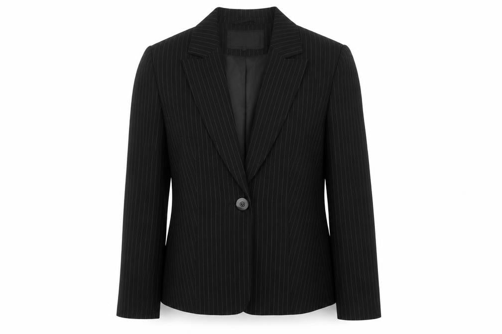 Front view of Papaya women’s black striped jacket blazer, size UK 12, button