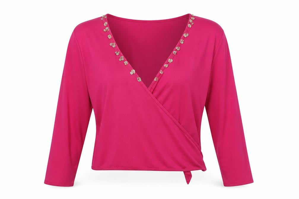 Front view of Nightingales women’s pink polyester cropped blouse, size UK 16, v-neck