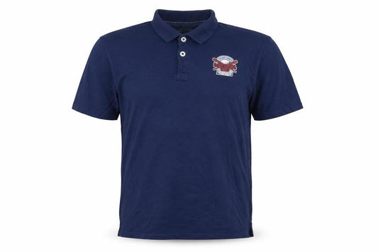 Front view of Oak Valley men’s blue cotton polo, size L, collared button - chicago