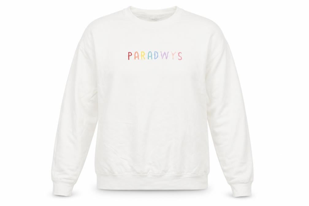 Front view of women’s white cotton pullover sweatshirt, size L